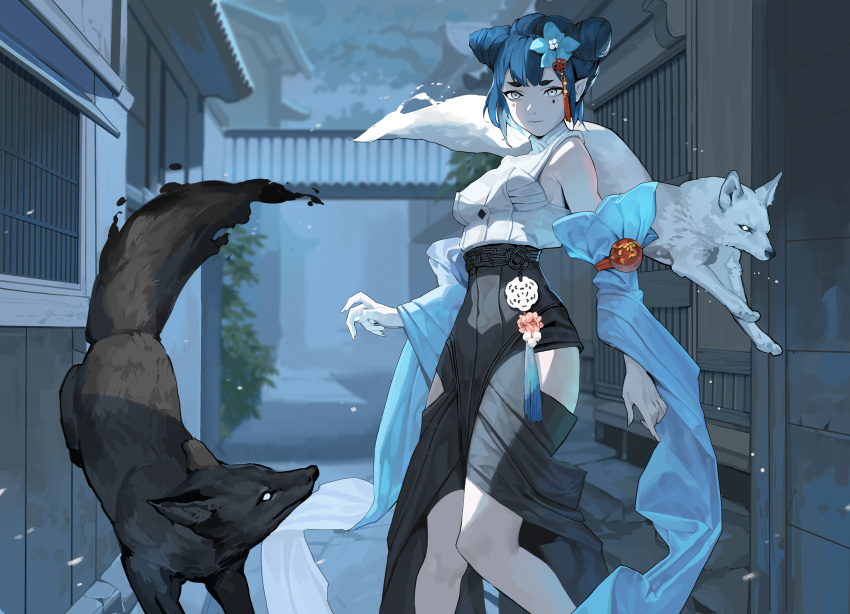 absurdres black_dress blue_flower blue_hair breasts commission detached_sleeves double_bun dress facial_mark flower fox grey_eyes hair_bun hair_flower hair_ornament highres ori_dal original outdoors road shirt single_strap small_breasts thick_eyebrows white_shirt wide_sleeves