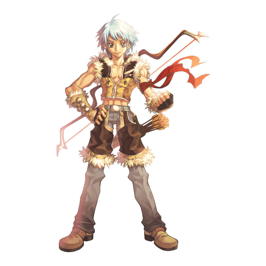 1boy 2000s_(style) ahoge armband arrow_(projectile) blue_hair bow_(weapon) brown_footwear brown_gloves brown_shirt brown_shorts clenched_hand closed_mouth crop_top fingerless_gloves full_body fur-trimmed_gloves fur-trimmed_shirt fur-trimmed_shorts fur_trim gloves green_eyes grey_pants hand_on_own_hip highres male_focus midriff myung-jin_lee navel official_art pants pants_under_shorts quiver ragnarok_online shirt shoes short_bangs short_hair shorts simple_background sleeveless sleeveless_shirt smile sniper_(ragnarok_online) solo standing tachi-e transparent_background two-tone_gloves two-tone_shirt weapon yellow_gloves yellow_shirt