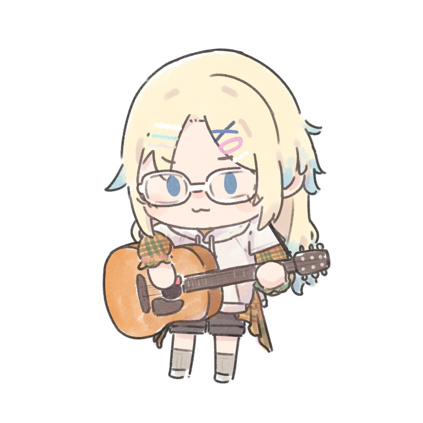 1girl :3 acoustic_guitar black_shorts blonde_hair blue_eyes blue_hair chibi chibi_only closed_mouth commission gradient_hair guitar highres hood hoodie instrument layered_sleeves light_blue_hair link!_like!_love_live! long_hair long_sleeves love_live! mr_frog716 multicolored_hair music osawa_rurino parted_bangs plaid plaid_shirt playing_instrument shirt short_over_long_sleeves short_sleeves shorts simple_background skeb_commission solo white_background white_hoodie