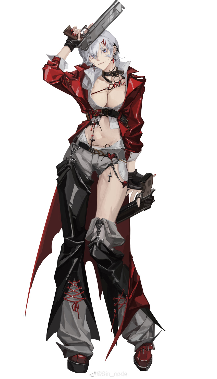 1girl absurdres blue_eyes blush breasts coat dante_(devil_may_cry) devil_may_cry_(series) devil_may_cry_3 ebony_&amp;_ivory fingerless_gloves genderswap genderswap_(mtf) gloves hair_over_one_eye highres holding looking_at_viewer one_eye_closed red_coat sin_node smile solo weapon white_hair