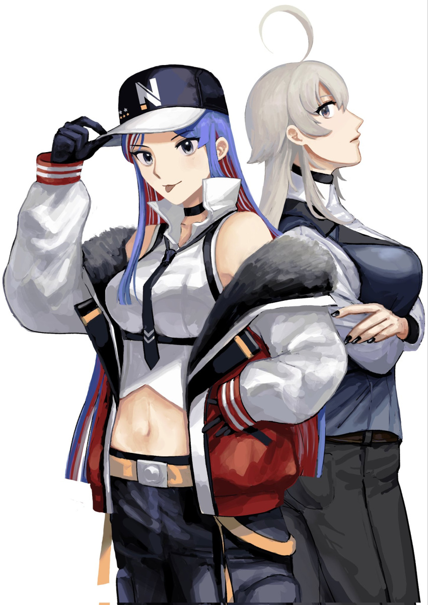 2girls ahoge baseball_cap belt black_gloves black_nails black_necktie black_pants blue_hair breasts crop_top crossed_arms gloves grey_hair hand_on_headwear hat highres jacket kantai_collection long_hair long_sleeves midriff multicolored_hair multiple_girls nail_polish necktie nidou official_alternate_costume open_clothes open_jacket pants red_hair simple_background south_dakota_(kancolle) washington_(kancolle) white_background white_hair