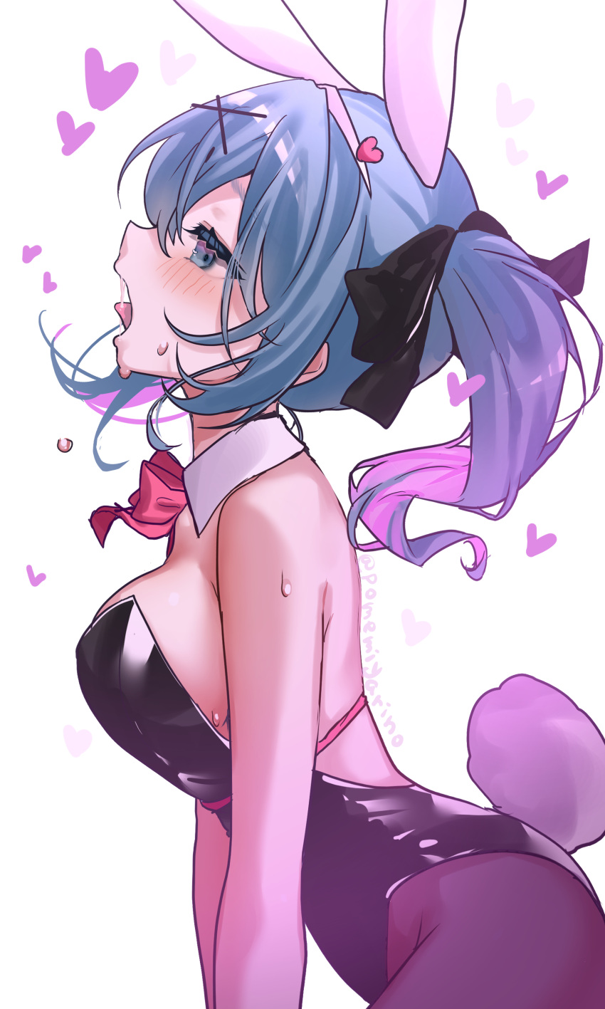 1girl absurdres animal_ears black_leotard blue_eyes blue_hair blush breasts fake_animal_ears fake_tail from_side hair_ornament hatsune_miku heart highres leotard medium_breasts open_mouth pantyhose playboy_bunny pomemiyarino profile rabbit_ears rabbit_hole_(vocaloid) rabbit_tail saliva sexually_suggestive solo sweat tail teardrop_facial_mark thigh_strap tongue twintails vocaloid x_hair_ornament
