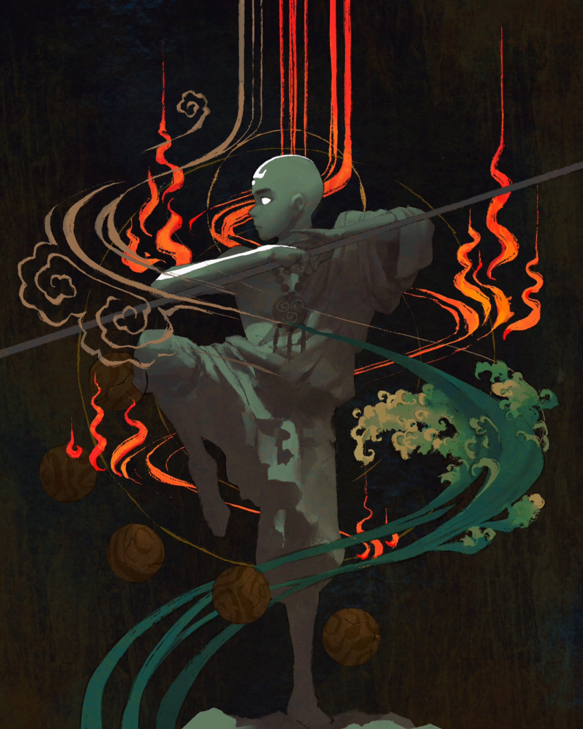 1boy aang arm_tattoo avatar:_the_last_airbender avatar_legends element_bending glowing glowing_eyes glowing_tattoo highres holding holding_staff jewelry leonardo_vincent necklace robe staff standing standing_on_one_leg tattoo