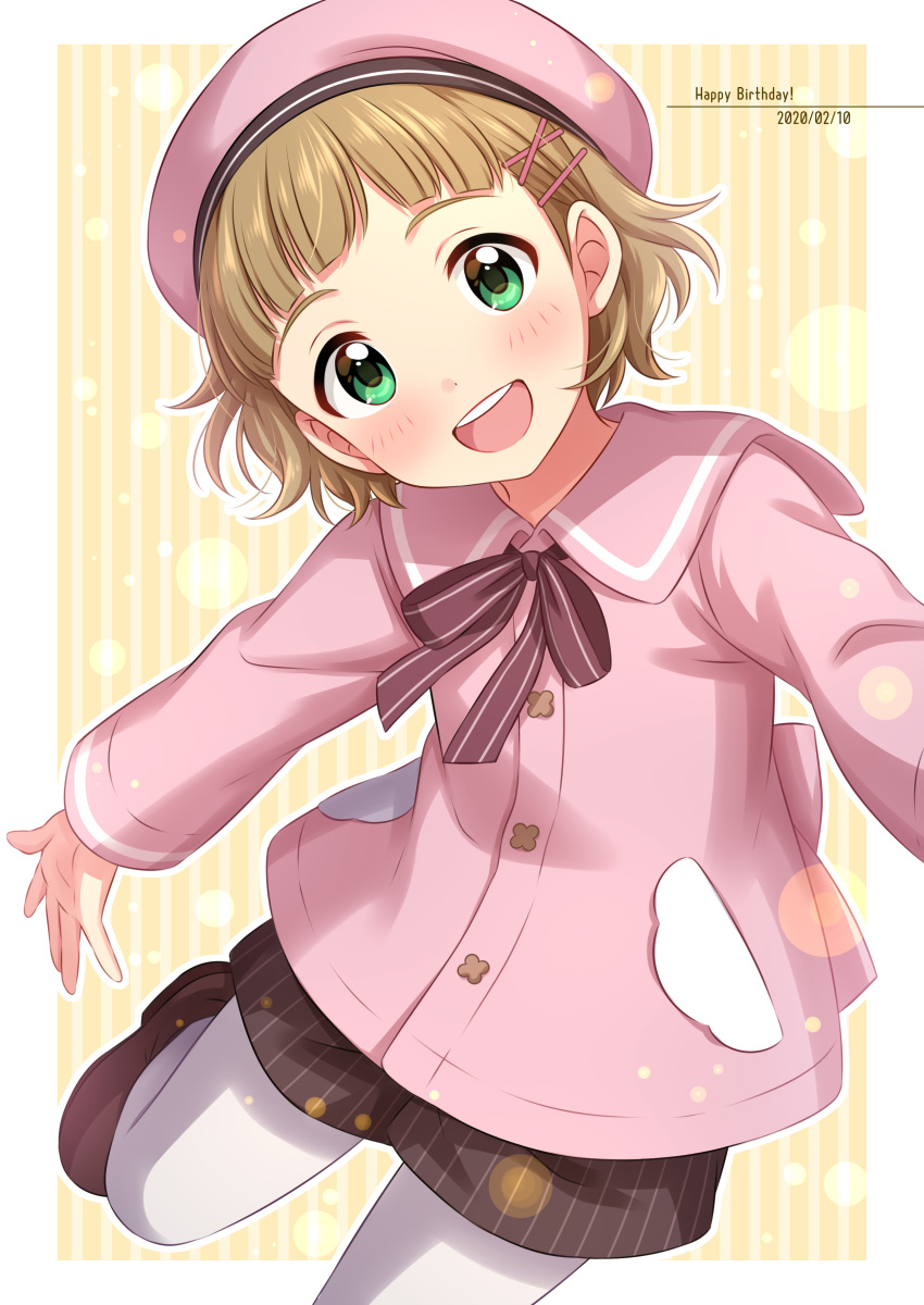 1girl :d absurdres bikini blush border brown_footwear brown_hair brown_shorts child dated english_text green_eyes hair_ornament hairclip happy_birthday hat head_tilt highres himeno_kanon idolmaster idolmaster_side-m jacket long_sleeves looking_at_viewer neck_ribbon open_mouth outstretched_arms pantyhose pink_headwear pink_jacket pink_sailor_collar red_neckwear red_ribbon ribbon round_teeth sailor_collar school_uniform sekina serafuku shoes short_hair short_shorts shorts smile solo spread_arms standing standing_on_one_leg striped striped_bikini striped_neckwear striped_ribbon swimsuit teeth upper_teeth white_border white_legwear x_hair_ornament