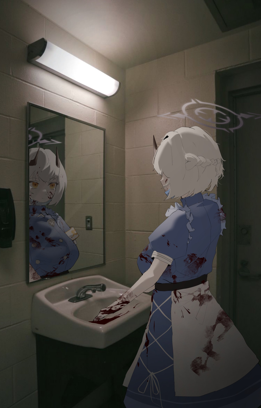 1girl absurdres bathroom blood blood_on_clothes blood_on_face blood_on_hands blue_archive blue_dress braid breasts dress faucet gloves grey_hair hair_between_eyes halo highres horns indoors lights mask mask_pull mirror mouth_mask plentyofempty sena_(blue_archive) short_hair short_sleeves sink soap_dispenser surgical_mask white_hair yellow_eyes