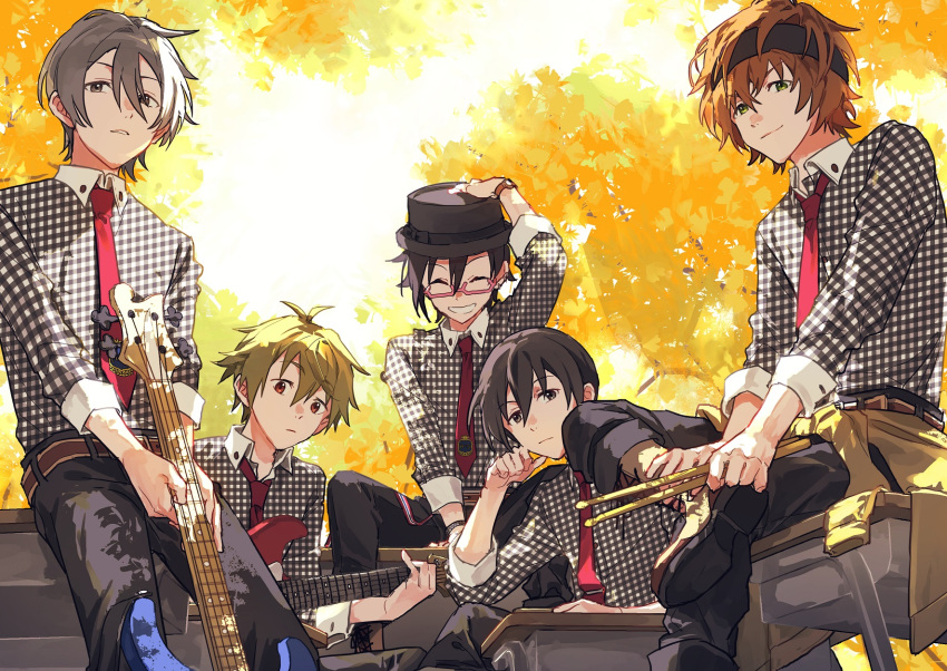 5boys akiyama_hayato autumn_leaves bass_guitar black_hair drumsticks electric_guitar fuyumi_jun glasses green_hair grin guitar hair_between_eyes high_x_joker_(idolmaster) highres holding holding_drumsticks idolmaster idolmaster_side-m instrument iseya_shiki looking_at_viewer male_focus multiple_boys necktie official_alternate_costume open_mouth orange_hair outdoors parted_lips plaid plaid_shirt red_eyes red_necktie sakaki_natsuki shirt short_hair sitting smile sweatband tarou_(2taro8) wakazato_haruna