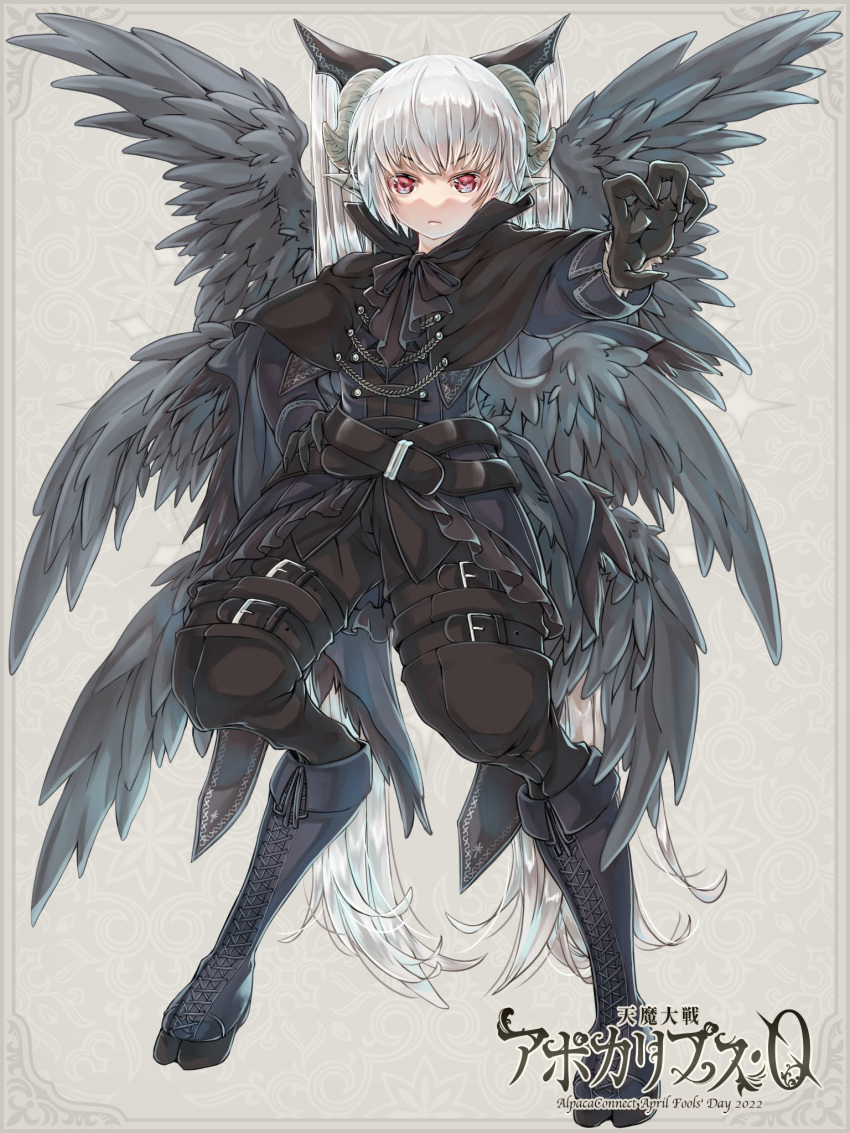 1girl 2022 april_fools belt black_belt black_bow black_capelet black_footwear black_jacket black_pants black_wings boots bow capelet flat_chest frown grey_hair hand_on_own_hip highres horns jacket looking_at_viewer original pants pointy_ears red_eyes shimizu_miu solo taur thigh_belt thigh_strap twintails v-shaped_eyebrows wings