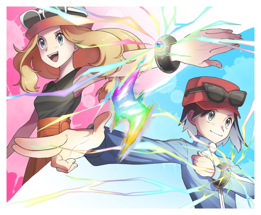 1boy 1girl :d ayan_ip blonde_hair blue_jacket bracelet calem_(pokemon) closed_mouth collared_shirt commentary_request eyelashes eyewear_on_headwear grey_eyes hat high-waist_skirt highres jacket jewelry long_hair open_mouth outstretched_arm pokemon pokemon_xy red_headwear serena_(pokemon) shirt skirt sleeveless sleeveless_shirt smile sunglasses teeth tongue upper_teeth_only white-framed_eyewear