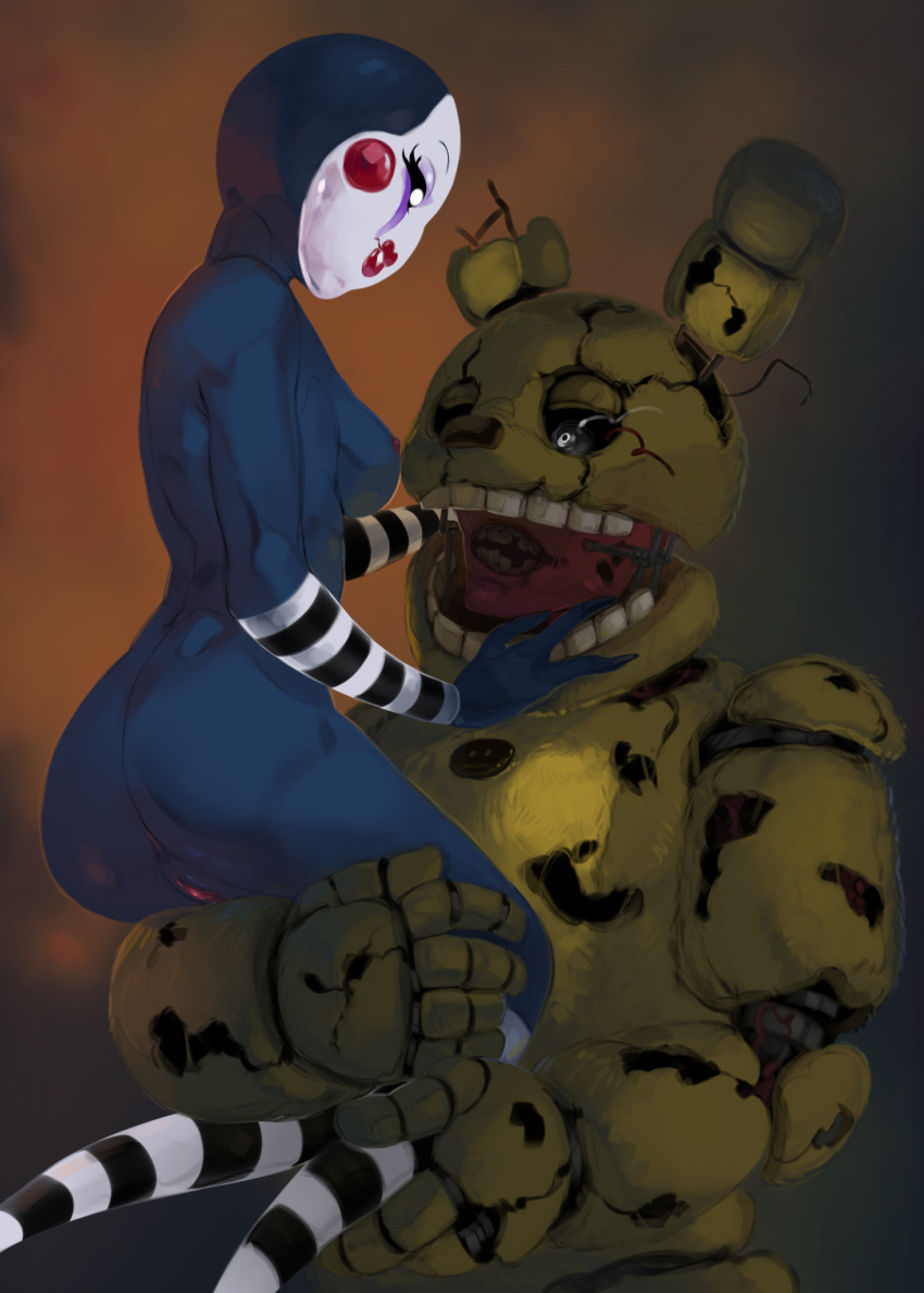 absurd_res anthro anus black_body black_eyes breasts butt duo female five_nights_at_freddy's five_nights_at_freddy's_2 five_nights_at_freddy's_3 genitals green_body hi_res humanoid lagomorph larger_male leporid lifting makeup male mammal marionette_(fnaf) pussy rabbit scottgames size_difference smile springtrap_(fnaf) suspendedpain teeth undead
