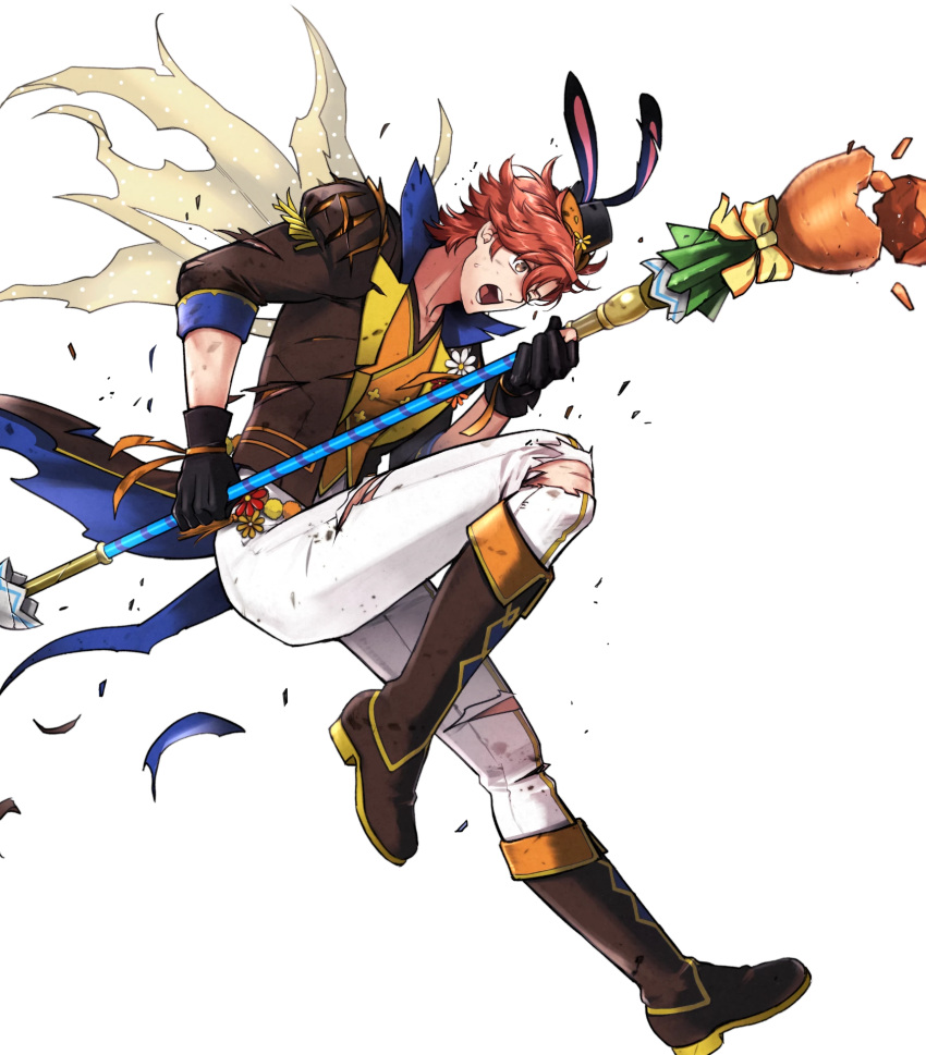 1boy animal_hat black_gloves boots broken broken_weapon brown_footwear cape damaged fire_emblem fire_emblem:_three_houses fire_emblem_heroes gloves hat highres holding holding_pole non-web_source official_alternate_costume official_art pants pole polearm rabbit_hat red_eyes red_hair solo sylvain_jose_gautier sylvain_jose_gautier_(spring) torn_clothes torn_pants weapon white_pants