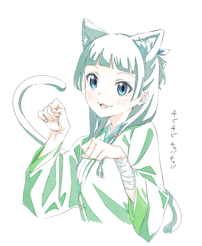 1girl :3 animal_ears bandaged_arm bandages blue_eyes blush cat_ears cat_girl cat_tail green_hair green_hanfu highres kusuriya_no_hitorigoto maomao_(kusuriya_no_hitorigoto) paw_pose sakuya_(saqu09307728) smile solo tail upper_body