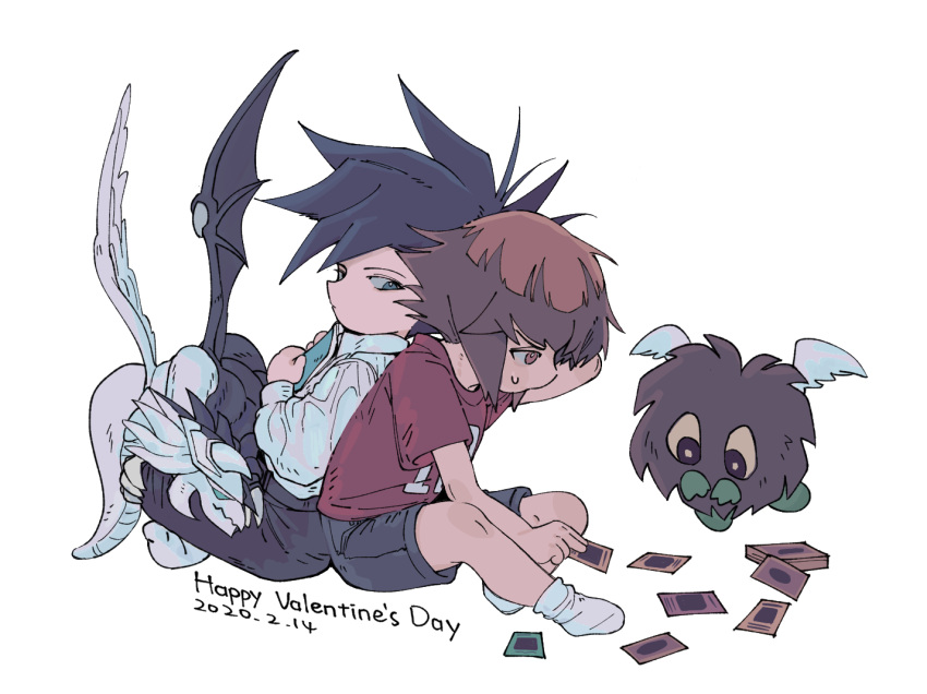 2boys aged_down black_hair black_shorts book brown_eyes brown_hair card child closed_mouth dated duel_monster full_body grey_eyes happy_valentine holding holding_book holding_card kd_(jichaman1) light_and_darkness_dragon looking_at_another male_focus manjoume_jun multiple_boys red_shirt shirt short_hair shorts simple_background sitting socks sweatdrop white_background white_shirt white_socks winged_kuriboh yaoi yu-gi-oh! yu-gi-oh!_gx yuuki_juudai