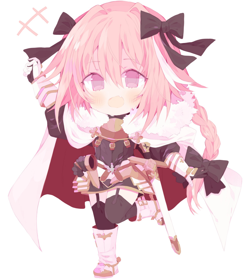 +++ 1boy arm_up armored_skirt astolfo_(fate) black_bow black_shirt black_thighhighs blush bow braid cape chocola_vt deformed fang fate/apocrypha fate_(series) fur-trimmed_cape fur_trim garter_straps hair_between_eyes hair_bow hair_intakes highres horn_(instrument) long_braid long_hair multicolored_hair open_hand open_mouth otoko_no_ko pink_hair purple_eyes scabbard sheath sheathed shirt simple_background single_braid skin_fang solo streaked_hair sword thighhighs transparent_background two-sided_cape two-sided_fabric two-tone_hair very_long_hair weapon white_cape white_footwear white_hair