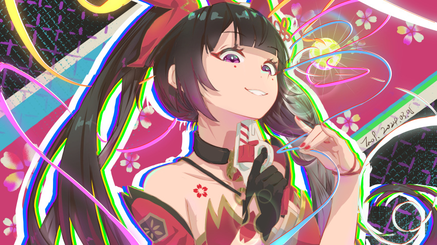 1girl :d absurdres armpit_crease bare_shoulders bell black_choker black_gloves bow brown_hair chest_tattoo choker colorful criss-cross_halter dated flower_tattoo fox_shadow_puppet gloves gradient_hair grin gun gun_to_head hair_bow halterneck highres holding holding_gun holding_weapon honkai:_star_rail honkai_(series) long_bangs long_hair looking_at_viewer multicolored_hair nail_polish neck_bell o-ring open_mouth outline pink_eyes red_bow red_hair red_nails revolver sidelocks signature single_glove smile snubnosed_revolver solo sparkle_(honkai:_star_rail) tao_jiu_(facehugger) tattoo teeth twintails upper_body very_long_hair weapon white_outline