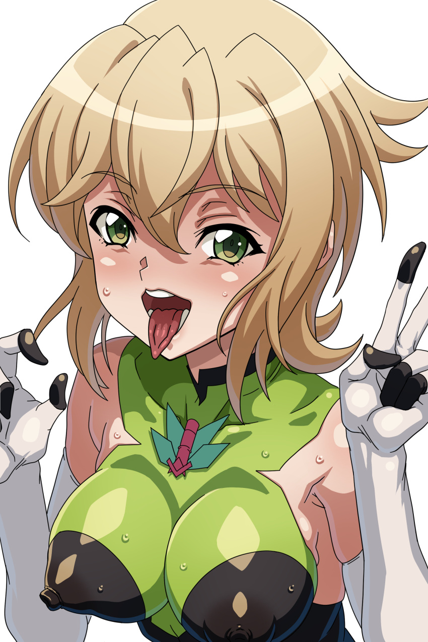 1girl absurdres akatsuki_kirika blonde_hair blush breasts covered_nipples elbow_gloves gloves green_eyes green_leotard highres impossible_clothes impossible_leotard leotard looking_at_viewer medium_breasts open_mouth senki_zesshou_symphogear shiny_clothes shiny_skin short_hair simple_background skin_tight smile solo sweat syunzou tongue tongue_out upper_body v white_background