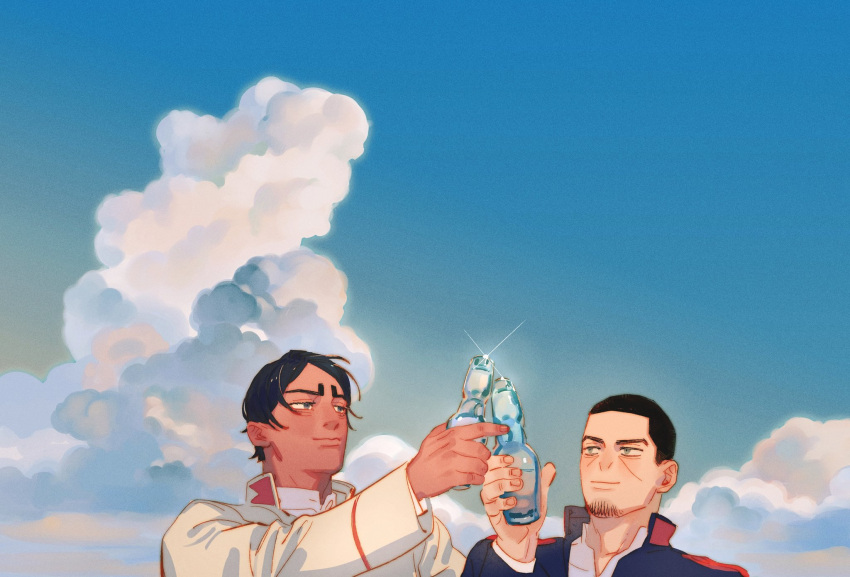 2boys black_hair blue_background blue_sky bottle chengongzi123 closed_mouth cloud collared_jacket collared_shirt dark-skinned_male dark_skin facial_hair glint goatee_stubble golden_kamuy green_eyes hand_up highres holding holding_bottle jacket long_sleeves looking_at_object male_focus military_uniform multiple_boys shirt short_hair sky smile stubble toasting_(gesture) uniform upper_body very_short_hair