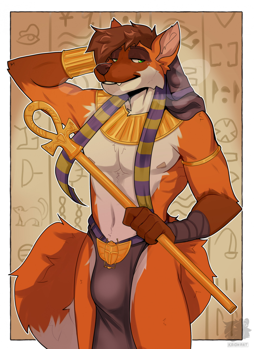anthro brown_hair brown_nose bulge canid canine clothed clothing egyptian egyptian_clothing fur green_eyes hair hi_res kaionart male mammal maned_wolf multicolored_body multicolored_fur nipples rod solo topless