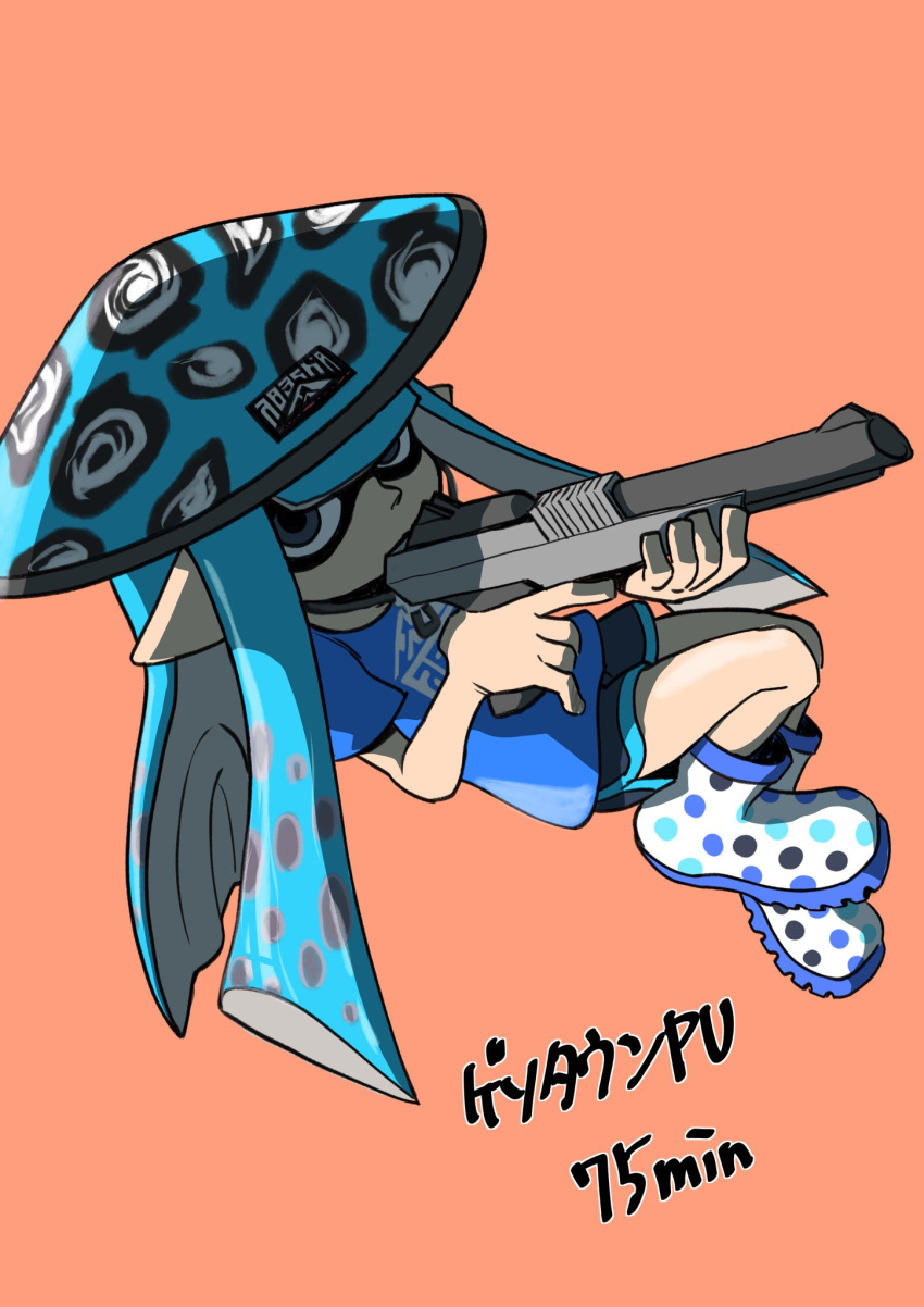 1girl blue_eyes blue_hair blue_headwear boots commentary_request full_body hat highres inkling inkling_girl inkling_player_character long_hair n-zap_(splatoon) orange_background pointy_ears rice_hat rubber_boots shaded_face simple_background solo splatoon_(series) splatoon_3 tentacle_hair white_footwear xdies_ds