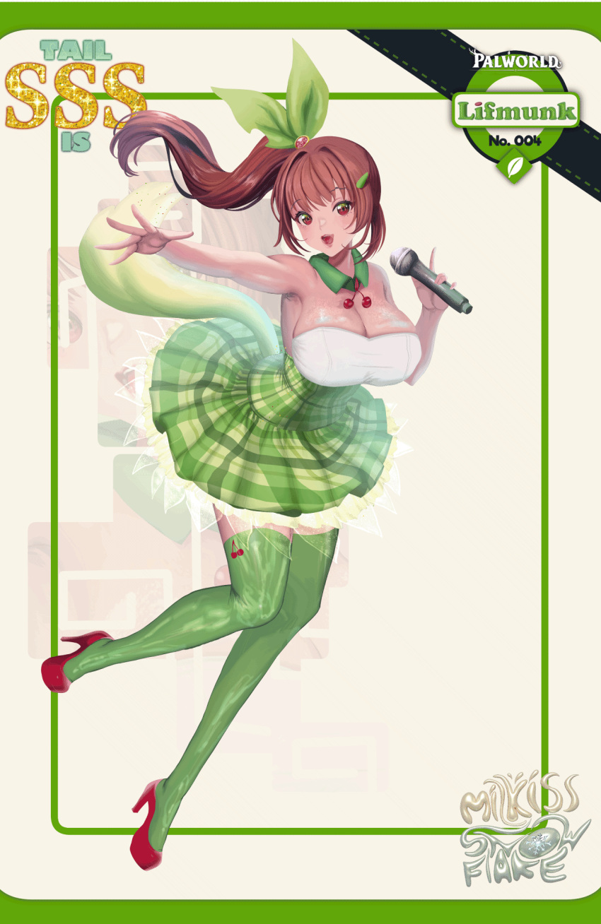 animated animated_gif breasts brown_hair cherry food fruit green_ribbon highres holding holding_microphone idol large_breasts lifmunk live2d microphone milkissnowflake palworld red_eyes red_footwear ribbon thighhighs waifudeck