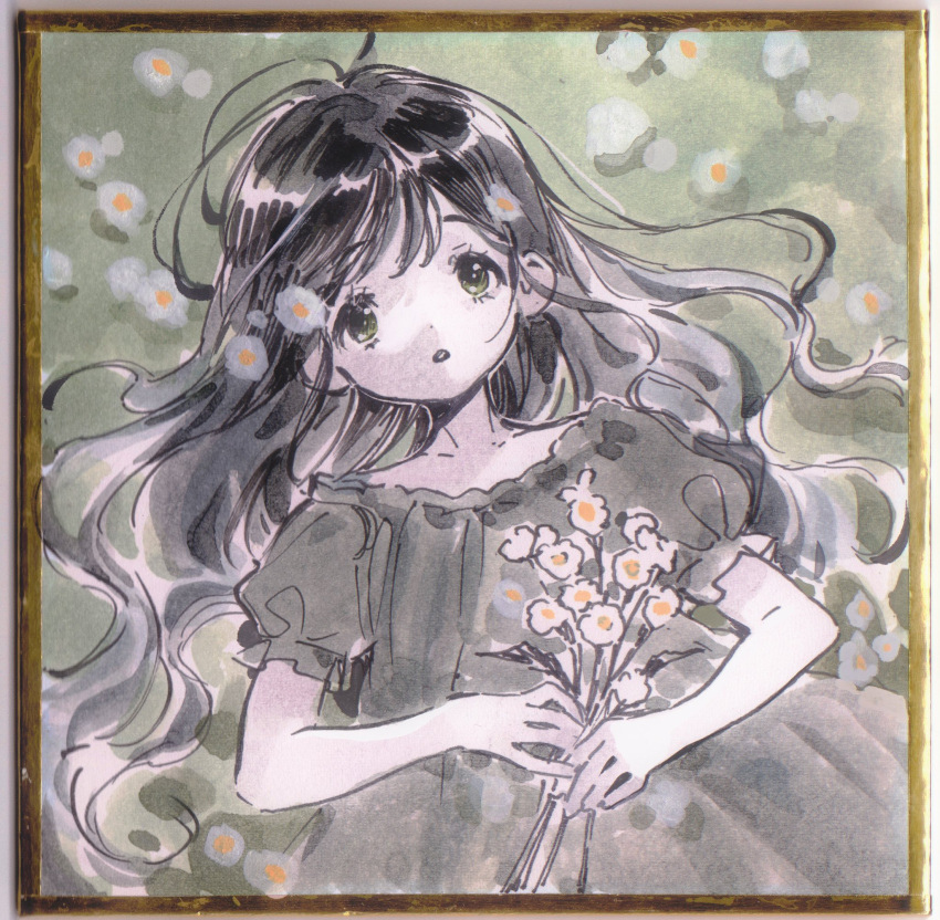 1girl black_hair bouquet dress flower grass green_eyes hair_flower hair_ornament hands_on_own_stomach hidari_(nanmu-left) highres holding holding_flower long_hair lying messy_hair muted_color on_grass original painting_(medium) parted_lips puffy_short_sleeves puffy_sleeves short_sleeves solo traditional_media upper_body watercolor_(medium)