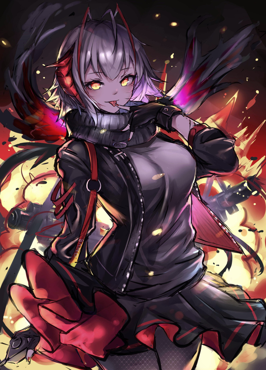 1girl absurdres antenna_hair antennae arknights black_gloves black_jacket black_pantyhose breasts demon_girl demon_horns demon_tail detonator explosion fingerless_gloves gloves grey_hair grey_shirt highres holding horns jacket key_jun large_breasts licking licking_finger looking_at_viewer mk_18_carbine open_clothes open_jacket pantyhose red_nails scarf shirt short_hair skirt smile solo tail w_(arknights)