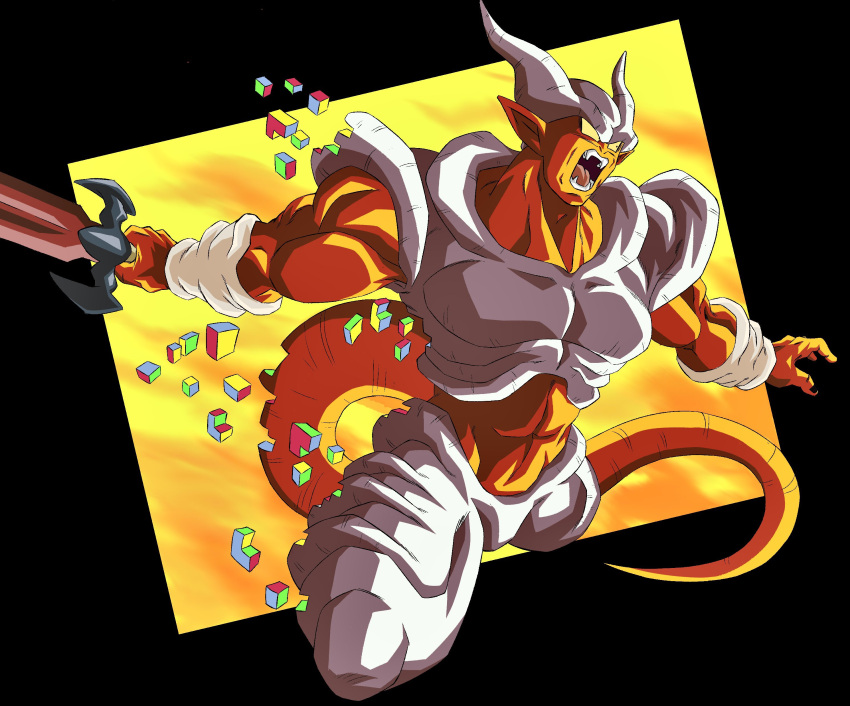 1boy abs absurdres black_border black_eyes black_nails border colored_sclera colored_skin demon demon_horns demon_tail dragon_ball dragon_ball_z fangs highres holding holding_sword holding_weapon horns janemba looking_to_the_side male_focus oharu2000 open_mouth pointy_ears red_skin solo sword tail weapon yellow_sclera