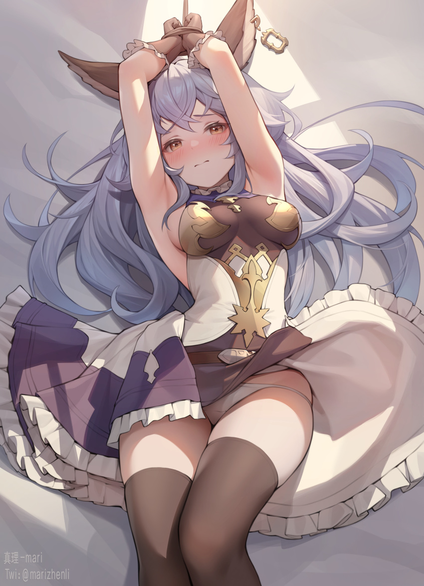 1girl absurdres animal_ear_fluff animal_ears armpits arms_up artist_name black_thighhighs blue_hair blush bound bound_wrists breasts brown_eyes brown_gloves closed_mouth clothes_lift commentary crossed_bangs dress dress_lift erune feet_out_of_frame ferry_(granblue_fantasy) frilled_dress frills gloves granblue_fantasy grey_hair hair_between_eyes hair_spread_out highres long_hair looking_at_viewer lying medium_breasts nose_blush on_back panties pantyshot restrained risa_(pixiv23908854) sideboob skindentation sleeveless sleeveless_dress solo thighhighs thighs twitter_username underwear wavy_hair white_panties