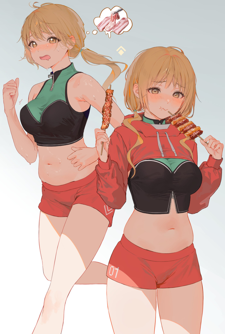 1girl absurdres bare_arms bare_shoulders bell blonde_hair blush crop_top eating food highres holding holding_food jogging long_hair long_sleeves looking_ahead low_twintails multiple_views myabit navel open_mouth orange_shorts orange_shrug original ponytail puffy_long_sleeves puffy_sleeves shorts solo spoken_food sweat twintails