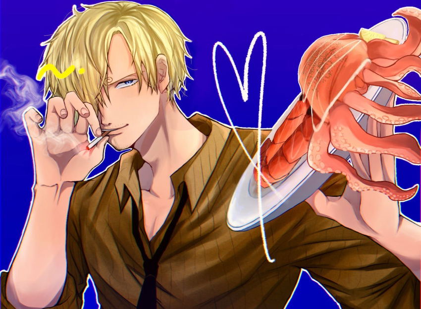 1boy ajtm007 blonde_hair blue_background cigarette collared_shirt commentary curly_eyebrows hair_over_one_eye heart holding holding_cigarette holding_plate male_focus necktie one_piece plate sanji_(one_piece) shirt short_hair simple_background sleeves_rolled_up smoke solo striped_clothes striped_shirt upper_body vertical-striped_clothes vertical-striped_shirt