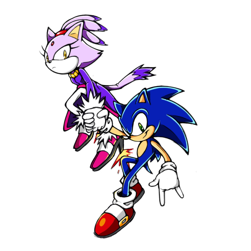 1boy 1girl animal_ears blaze_the_cat blue_fur cat_ears cat_girl cat_tail furry furry_female gloves green_eyes hand_grab highres jacket lamelev pants pink_footwear ponytail purple_fur purple_jacket red_footwear simple_background sonic_(series) sonic_rush sonic_the_hedgehog tail white_background white_gloves white_pants yellow_eyes