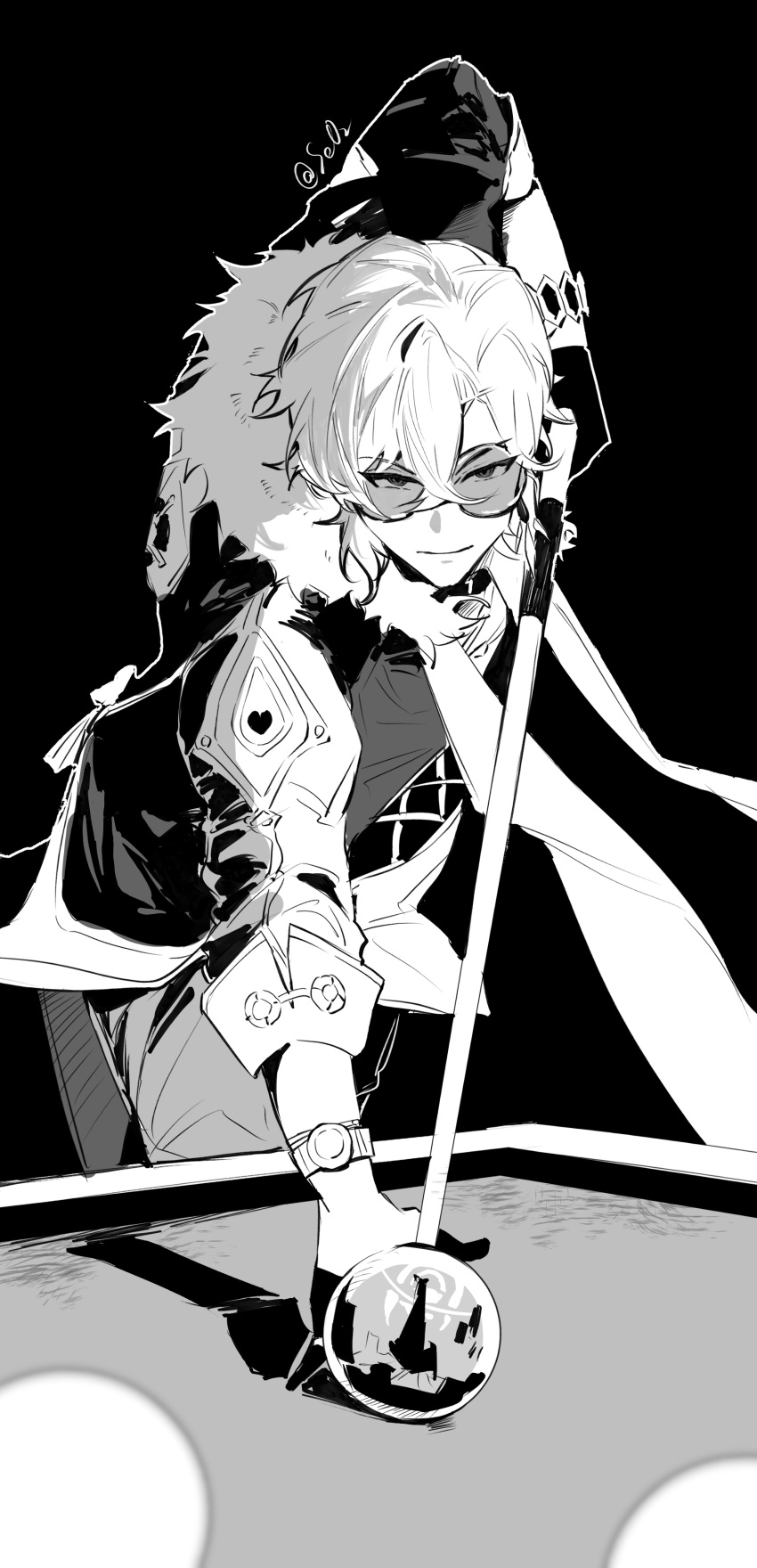 1boy absurdres aventurine_(honkai:_star_rail) ball billiard_ball black_background closed_mouth cue_stick fur_trim glasses greyscale highres holding honkai:_star_rail honkai_(series) jacket male_focus monochrome seo2_aventurine short_hair simple_background solo