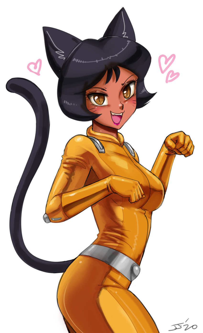 &lt;3 2020 5_fingers alex_(totally_spies!) alternate_species animal_humanoid belt black_hair breasts cat_humanoid clothing felid felid_humanoid feline feline_humanoid female fingers hair hi_res humanoid humanoidized john_joseco looking_at_viewer mammal mammal_humanoid open_mouth pupils short_hair simple_background slit_pupils smile solo tight_clothing totally_spies! white_background