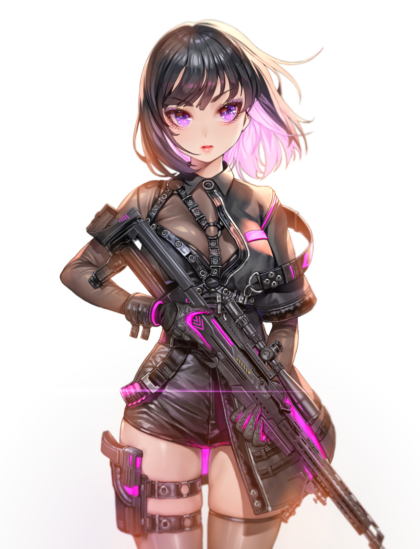 1girl asymmetrical_clothes belt black_belt black_hair breasts gloves gun handgun harness highres holding holding_gun holding_weapon holster holstered jacket leather leather_jacket medium_breasts medium_hair multicolored_clothes multicolored_hair multicolored_jacket o-ring o-ring_belt o-ring_harness o-ring_top open_mouth original purple_eyes purple_hair rifle ruhee scope serious simple_background skindentation sniper_rifle solo thigh_gap thigh_holster thighhighs two-tone_gloves two-tone_hair two-tone_jacket weapon white_background