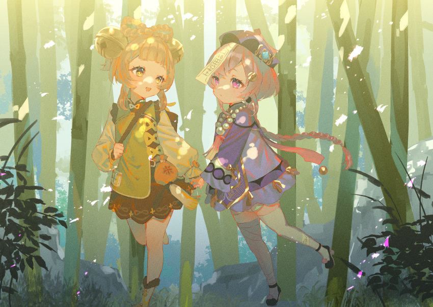 2girls :d backpack_basket bell black_footwear bow-shaped_hair braid brown_hair coin_hair_ornament day eye_contact forest genshin_impact hair_bell hair_ornament harushio highres holding_hands jewelry jiangshi jingle_bell long_hair long_sleeves looking_at_another multiple_girls nature necklace ofuda ofuda_on_head ofuda_on_leg outdoors pearl_necklace pocket purple_eyes qiqi_(genshin_impact) short_hair smile sunlight talisman tassel thighhighs walking white_thighhighs yaoyao_(genshin_impact)
