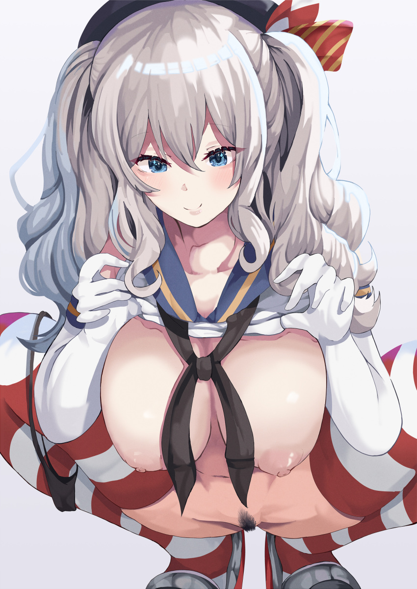 1girl absurdres black_hairband black_neckerchief blue_eyes blue_sailor_collar blue_skirt bonkareohagi breasts cleavage clothes_lift commentary_request cosplay crop_top elbow_gloves gloves grey_hair hairband highres kantai_collection kashima_(kancolle) microskirt neckerchief nipples pubic_hair pussy sailor_collar shimakaze_(kancolle) shimakaze_(kancolle)_(cosplay) shirt shirt_lift sidelocks simple_background skirt sleeveless sleeveless_shirt solo squatting striped_clothes striped_thighhighs thighhighs twintails wavy_hair white_background white_gloves white_shirt