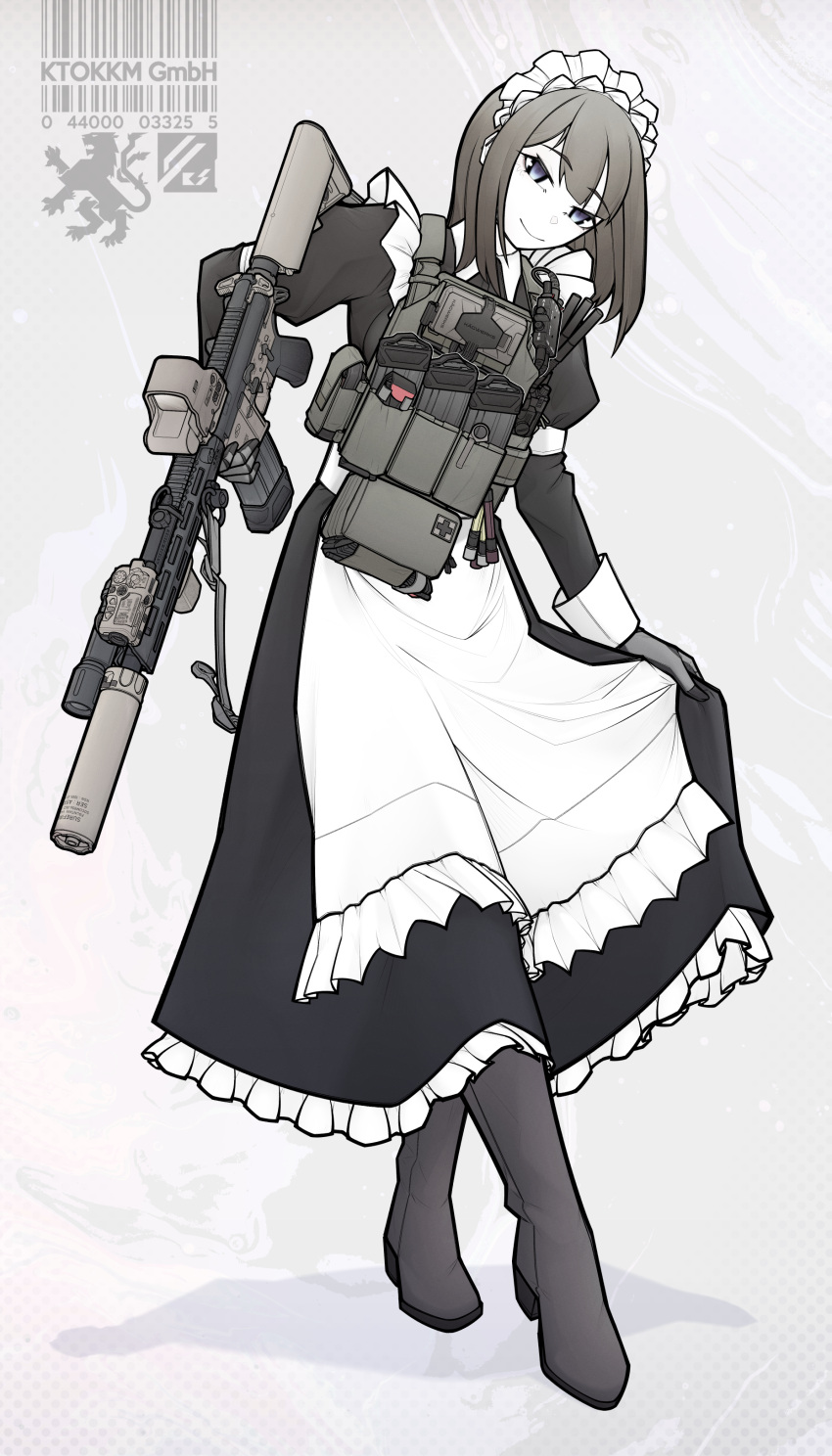 1girl absurdres apron ar-15 black_dress black_footwear blue_eyes boots brown_hair bulletproof_vest dress eotech full_body gloves grey_gloves gun highres holding holding_gun holding_weapon looking_at_viewer magazine_(weapon) maid maid_headdress medium_hair null-3 original rifle scope skirt_hold smile solo suppressor weapon white_apron