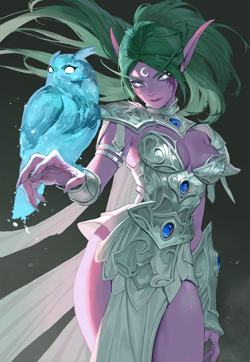 1girl armor armored_dress bird bird_on_hand blue_gemstone breasts cleavage closed_mouth colored_skin crescent crescent_facial_mark elf facial_mark fingernails floating_hair gem green_hair highres long_eyebrows long_fingernails long_hair medium_breasts ori_dal owl pelvic_curtain pointy_ears ponytail purple_skin solo tyrande_whisperwind vambraces warcraft white_eyes world_of_warcraft