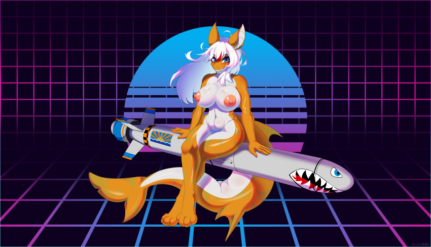 absurd_res anthro areola belly big_breasts bikini bikini_bottom breasts clothing female fish fusu hair hi_res marine mostly_nude natasha_akulaevna nipples orange_body shark solo striped_body stripes swimwear white_belly white_hair