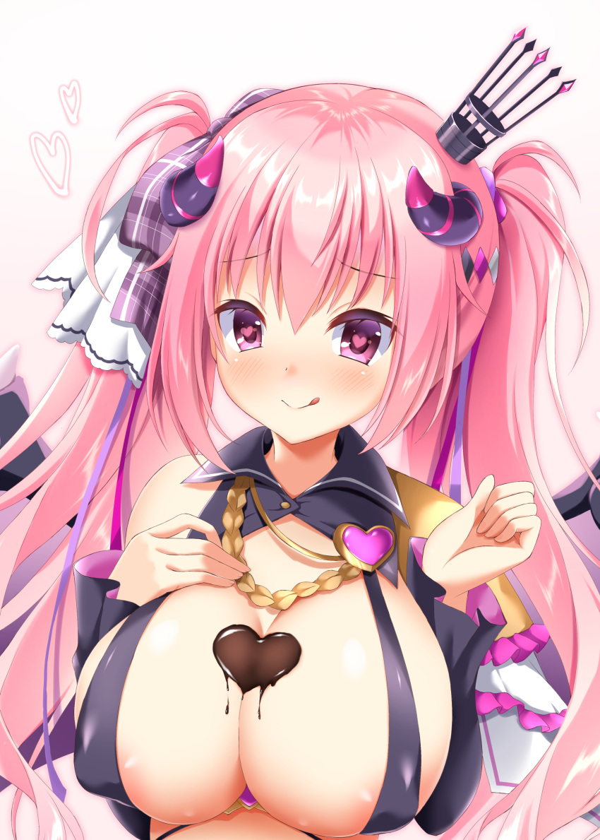 1girl :q absurdres anneliese areola_slip aroused bare_shoulders blush breasts candy chocolate chocolate_on_body chocolate_on_breasts cleavage closed_mouth commentary_request covered_nipples crown curled_horns demon_girl demon_horns detached_sleeves eyelashes food food_on_body hair_ribbon hand_on_own_chest hands_up heart heart-shaped_chocolate heart-shaped_pupils highres horns huge_breasts kimagure_temptation licking_lips long_hair long_sleeves looking_at_viewer mini_crown pink_eyes pink_hair pink_ribbon plaid plaid_ribbon presenting_breasts purple_ribbon ribbon ryochapu simple_background smile solo symbol-shaped_pupils tongue tongue_out twintails upper_body white_background wide_sleeves