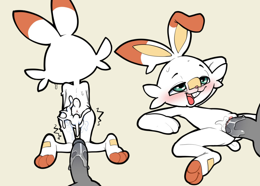 anthro anus blush bodily_fluids cum cum_in_pussy cum_inside duo female fur generation_8_pokemon genital_fluids green_eyes hi_res itsunknownanon male male/female nintendo penetration pokemon pokemon_(species) scorbunny vaginal vaginal_penetration white_body white_fur