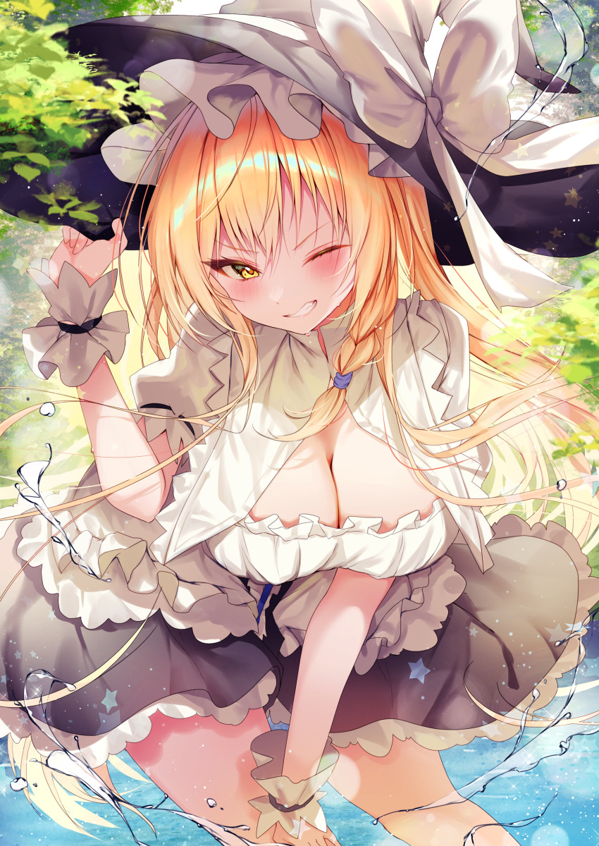 1girl absurdres alternate_breast_size apron blonde_hair blush bow braid breasts cleavage day dress hair_bow hat hat_bow highres kirisame_marisa long_hair looking_at_viewer medium_breasts nenobi_(nenorium) one_eye_closed outdoors partially_submerged short_sleeves side_braid single_braid smile touhou waist_apron white_bow witch_hat yellow_eyes