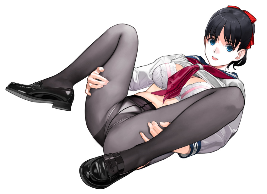 1girl black_footwear black_hair black_pantyhose blue_eyes bow bra breasts clothes_lift commentary_request full_body hair_bow highres large_breasts leg_grab legs_up loafers looking_at_viewer lying mibu_natsuki navel neckerchief on_back open_mouth original pantyhose ponytail red_bow red_neckerchief school_uniform serafuku shirt shirt_lift shoes simple_background smile solo spread_legs stomach underwear white_background white_bra white_shirt