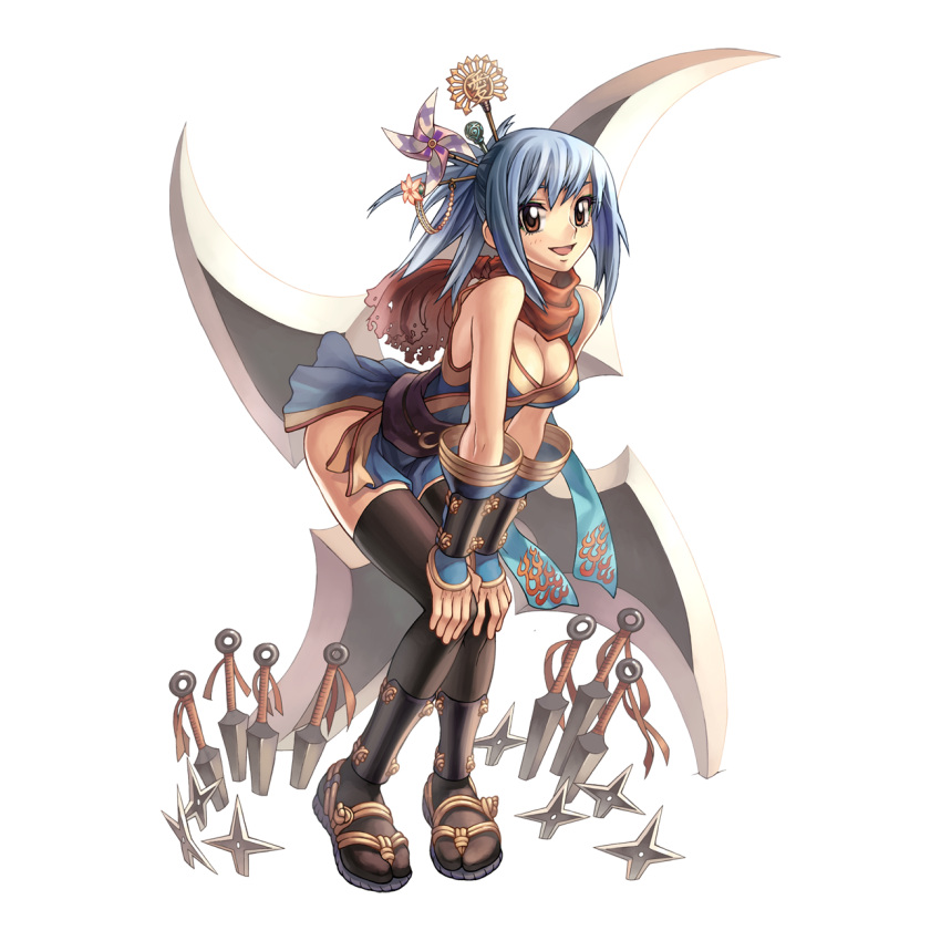 1girl 2000s_(style) armor black_socks black_thighhighs blue_hair breasts brown_eyes cleavage crescent full_body fuuma_shuriken grey_footwear hair_ornament hair_stick hands_on_own_knees high_ponytail highres huge_weapon japanese_armor knife kunai large_breasts leaning_forward long_hair looking_at_viewer medium_bangs myung-jin_lee ninja ninja_(ragnarok_online) obi obijime official_art open_mouth pinwheel_hair_ornament planted planted_knife ragnarok_online red_scarf sandals sash scarf shuriken sidelocks simple_background smile socks solo standing suneate tabi tachi-e thighhighs torn_clothes torn_scarf transparent_background vambraces weapon zouri