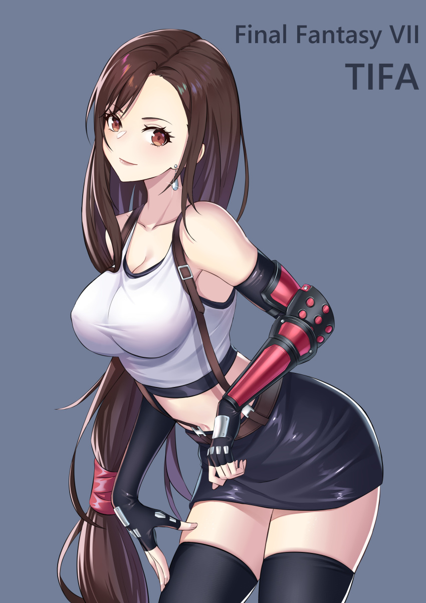 1girl absurdres belt black_gloves black_legwear black_skirt blue_background breasts brown_belt brown_eyes brown_hair character_name copyright_name cowboy_shot crop_top earrings elbow_gloves final_fantasy final_fantasy_vii fingerless_gloves gloves highres jewelry large_breasts long_hair looking_at_viewer low-tied_long_hair midriff miniskirt navel pencil_skirt simple_background skirt smile solo standing stomach suspenders tank_top thighhighs thighs tifa_lockhart very_long_hair wan_xing white_tank_top