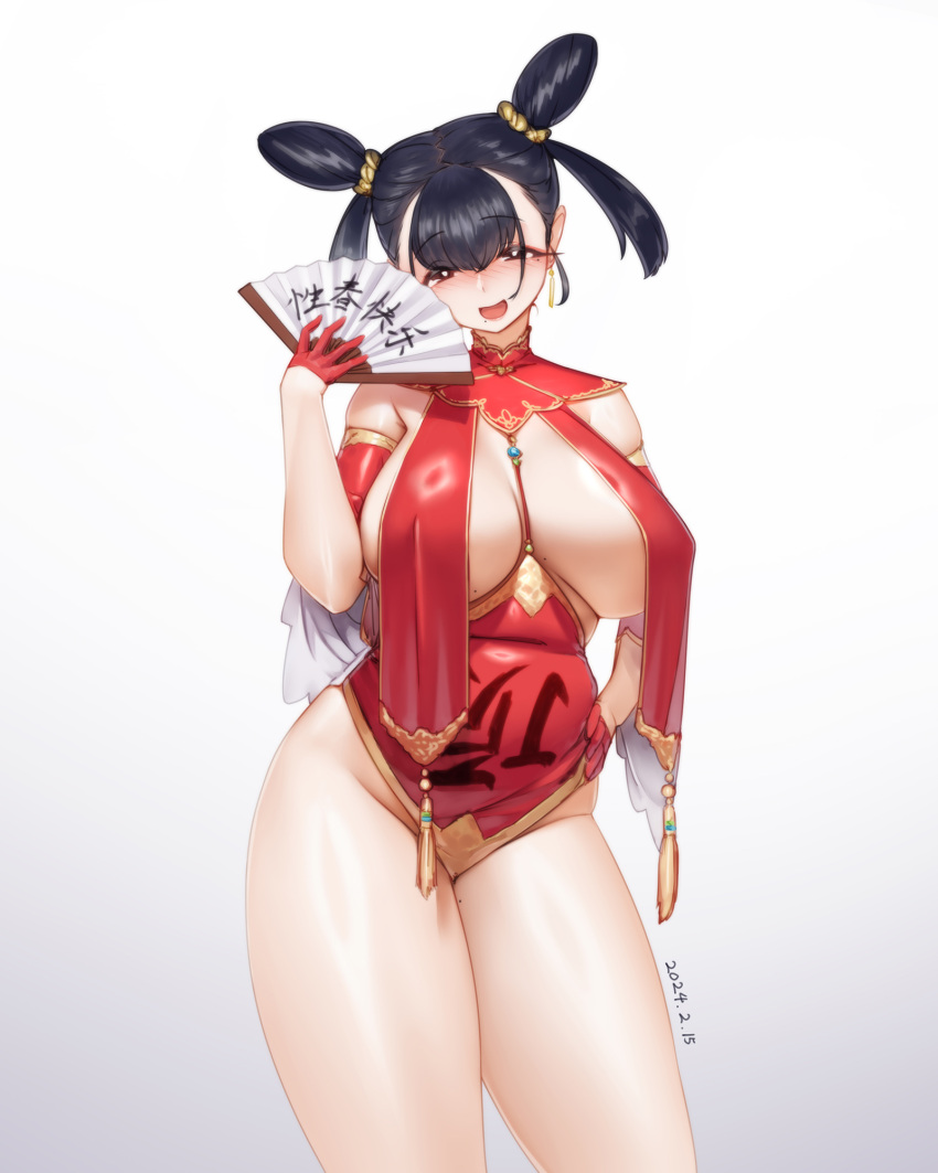 1girl bare_shoulders black_hair blush breast_curtains breasts bright_pupils china_dress chinese_clothes covered_nipples crop_top crop_top_overhang double_bun dress eyelashes gloves hair_bun highres holding large_breasts long_hair looking_at_viewer mole mole_under_eye open_mouth original qingmingtongzi revealing_clothes simple_background smile solo standing thighs white_background white_pupils