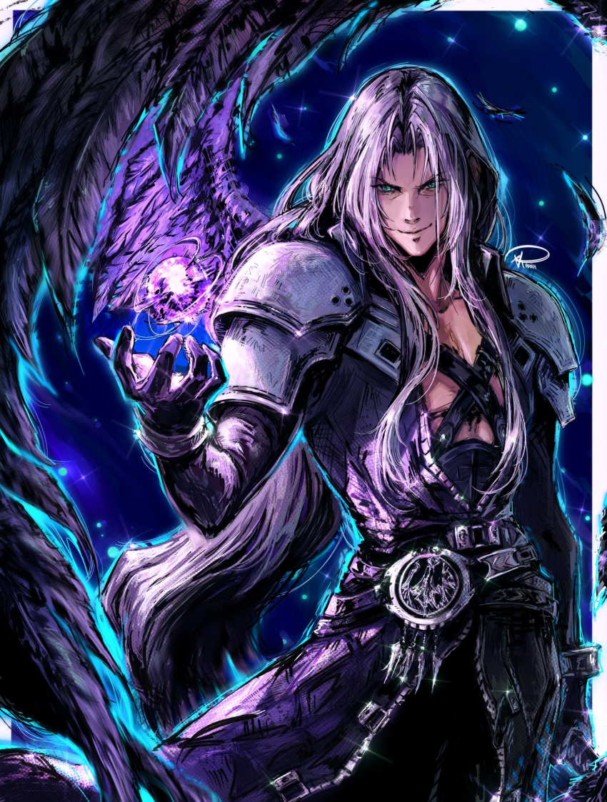 1boy armor belt black_coat black_feathers black_gloves black_wings chest_stand closed_mouth coat commentary cowboy_shot feathered_wings feathers final_fantasy final_fantasy_vii final_fantasy_vii_rebirth final_fantasy_vii_remake gloves green_eyes grey_hair hand_up highres holding holding_sword holding_weapon light_particles long_hair male_focus masamune_(ff7) open_hand parted_bangs sephiroth shoulder_armor single_wing smile solo sword weapon wings xriviia