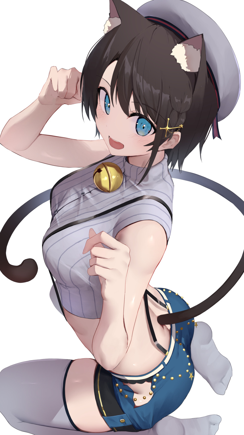 1girl absurdres animal_ear_fluff animal_ears beret black_hair blue_eyes blue_shorts blush breasts cat_ears cat_girl cat_tail cropped_shirt grey_hat grey_shirt grey_thighhighs hair_ornament hat highres hololive mikaku official_alternate_costume oozora_subaru oozora_subaru_(work) open_mouth panties panty_peek pinstripe_pattern pinstripe_shirt shirt short_hair shorts smile solo striped_clothes striped_shirt suspender_shorts suspenders swept_bangs tail thighhighs underwear vertical-striped_clothes vertical-striped_shirt virtual_youtuber