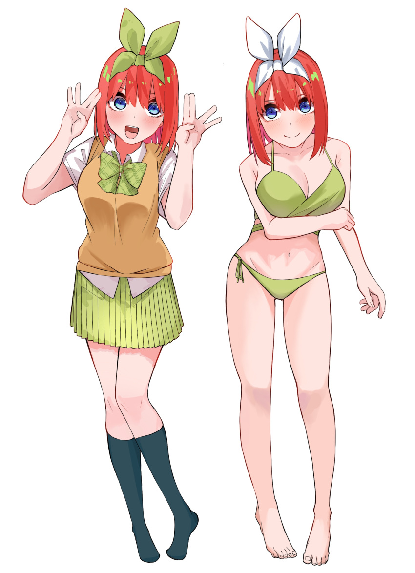 1girl :d absurdres airo arm_at_side arm_under_breasts bare_arms bare_legs bare_shoulders bikini black_socks blue_eyes blush breasts cleavage closed_mouth collarbone collared_shirt commentary eyebrows_hidden_by_hair full_body go-toubun_no_hanayome green_bikini green_ribbon green_skirt hair_between_eyes hair_ribbon hands_up highres kneehighs knees_together_feet_apart large_breasts looking_at_viewer medium_hair miniskirt multiple_views nakano_yotsuba navel no_shoes orange_hair pleated_skirt ribbon school_uniform shirt short_sleeves simple_background skirt smile socks solo split_mouth standing straight_hair sweater_vest swimsuit teeth upper_teeth_only white_background white_ribbon white_shirt yellow_sweater_vest
