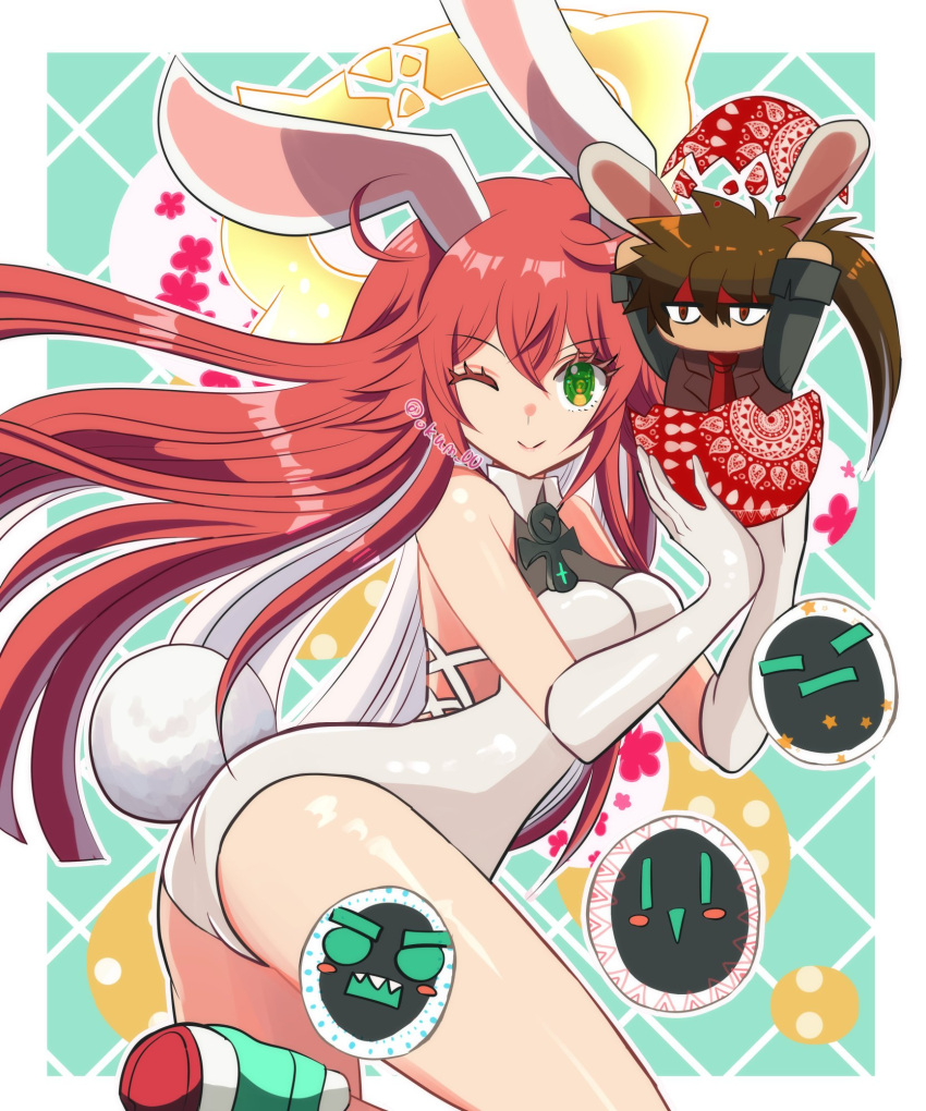 1boy 1girl animal_ears ankh breasts brown_hair chibi cleavage colored_inner_hair easter_egg egg elbow_gloves fake_animal_ears fake_tail gloves green_eyes guilty_gear guilty_gear_strive hair_between_eyes halo headband highres jack-o'_valentine knight_servant large_breasts leotard long_hair looking_at_viewer multicolored_hair one_eye_closed playboy_bunny rabbit_ears rabbit_girl rabbit_tail red_hair sol_badguy spiked_hair spiked_halo strapless strapless_leotard tail two-tone_hair ume_(okum_00) white_gloves white_hair white_leotard