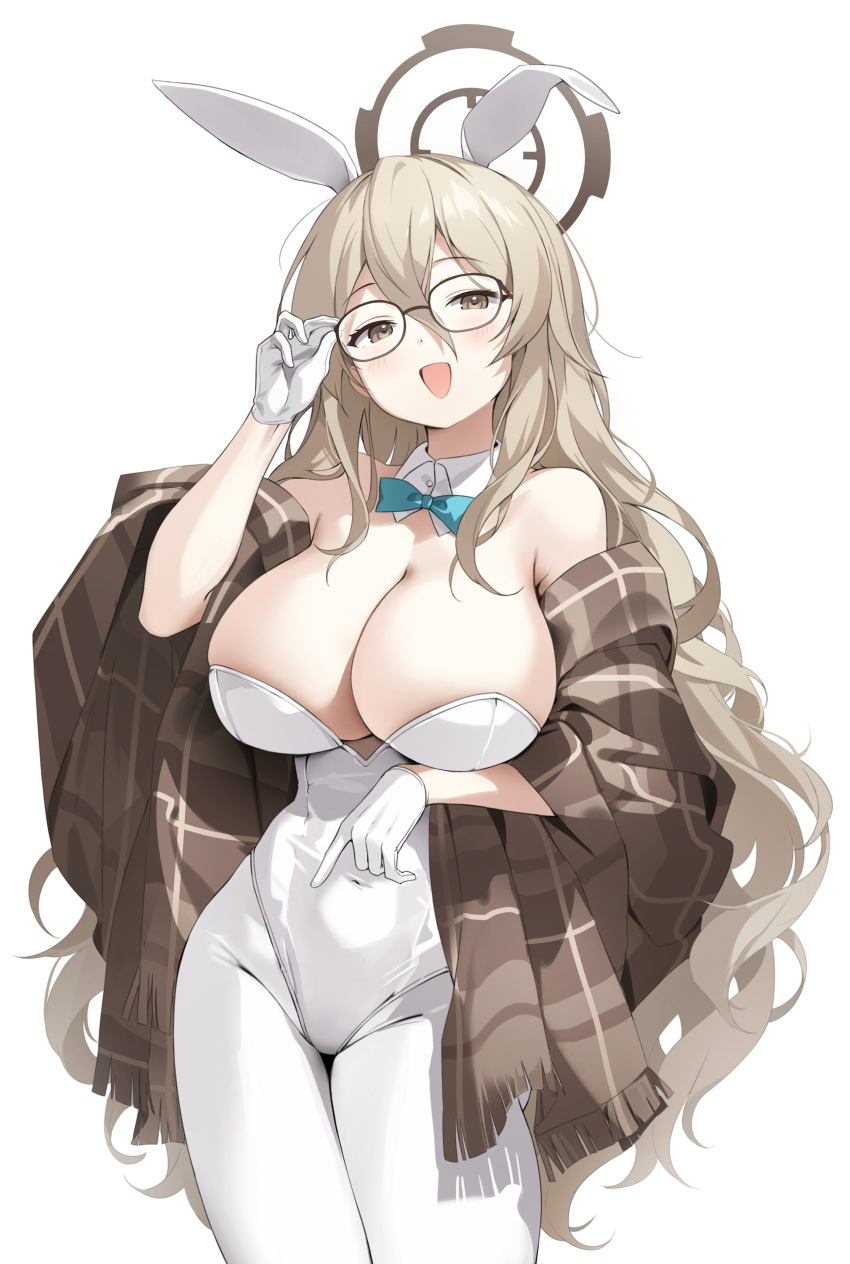 1girl absurdres adjusting_eyewear akane_(blue_archive) akane_(bunny)_(blue_archive) animal_ears bare_shoulders black-framed_eyewear blue_archive breasts brown_eyes brown_halo brown_shawl cleavage covered_navel fake_animal_ears glasses gloves gogoco hashtag-only_commentary highres large_breasts leotard light_brown_hair official_alternate_costume open_mouth pantyhose plaid_shawl rabbit_ears shawl simple_background smile solo strapless strapless_leotard upper_body wavy_hair white_background white_gloves white_leotard white_pantyhose